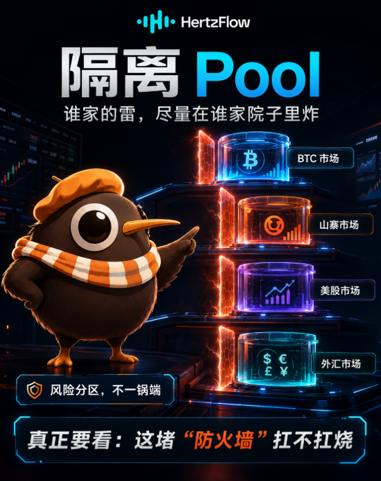 A HertzFlow promotional graphic featuring a cartoon kiwi bird in an orange beret and scarf, with Chinese text '隔离Pool' (Isolation Pool) and labeled stacks representing BTC市场 (BTC market),山寨市场 (altcoin market), 美股市场 (US stock market), and 外汇市场 (forex market).