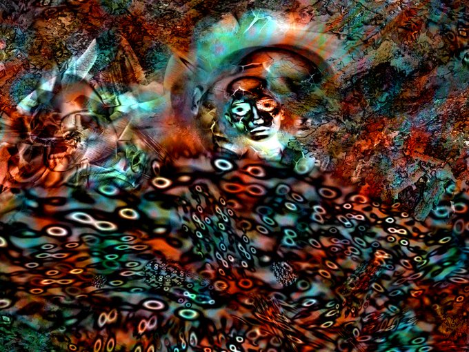 An abstract, surreal digital artwork featuring ghostly, multi-faced figures emerging from a dark, textured background with colorful, eye-like patterns swirling across the lower portion.