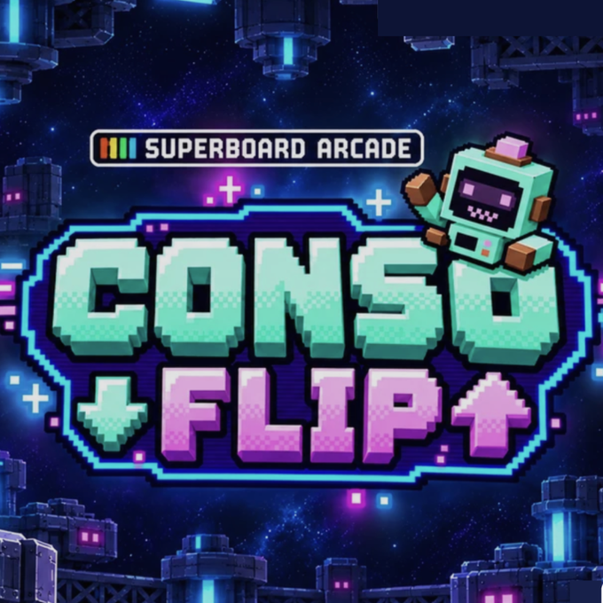 Vibrant pixel art promotional banner for the "SUPERBOARD ARCADE" featuring the game title "CONSO FLIP" in stylized teal and pink lettering, with a small robot character and directional arrows, matching the post announcing a fun mini-game contest by CONSO × Superboard where players can compete to win one of 20 GTD BOTS.