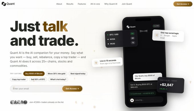 A website for "Quant AI" with the tagline "Just talk and trade." shows a phone interface executing trades via chat (e.g., "Live in 15 seconds", "Got it. Buying $100 BTC at $96,420"), with newsletter sign-up options and pre-written commands like "Buy $500 of Bitcoin."