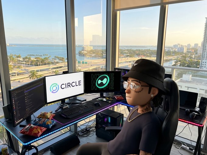 A cartoon-style avatar wearing a black bucket hat and glasses sits at a multi-monitor gaming setup with 'CIRCLE' displayed on one screen, overlooking a waterfront city view.