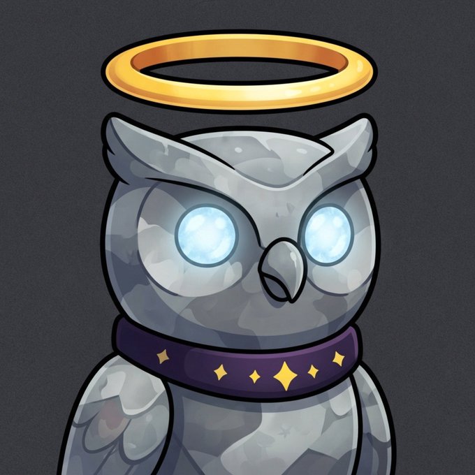 A digital illustration of a gray owl with glowing blue eyes, wearing a purple collar with star designs and a golden halo floating above its head.