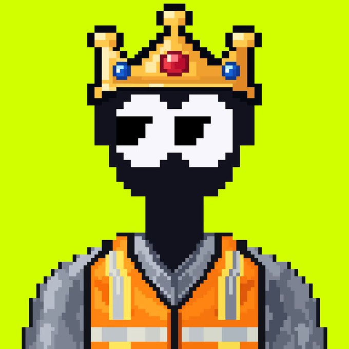 Pixel art illustration of a skeleton figure wearing a golden crown with red and blue jewels, and an orange safety vest against a green background.