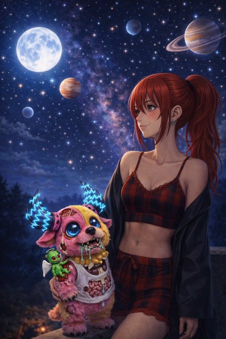 The image features a girl with red hair wearing a black top, holding a stuffed animal dog while sitting next to her. In the background, there are planets visible against a dark blue sky. The caption of the image reads "GN babes and again... Sweet Dreams".