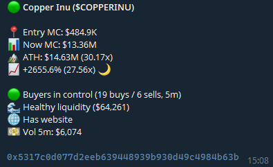 A cryptocurrency information panel for 'Copper Inu ($COPPERINU)' showing an Entry MC of $484.9K, Now MC of $13.36M, an ATH of $14.63M (30.17x), and +2655.6% (27.56x) gain.