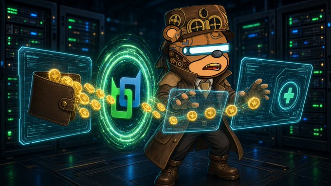 A digital illustration of a steampunk-styled bear character in a server room manipulating a glowing portal between a wallet of Bitcoin and a digital ledger interface.