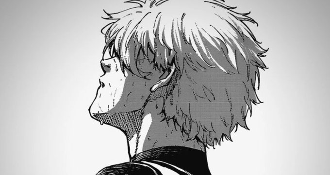Black and white manga-style side profile illustration of a young man with messy hair, sweating and looking upward.