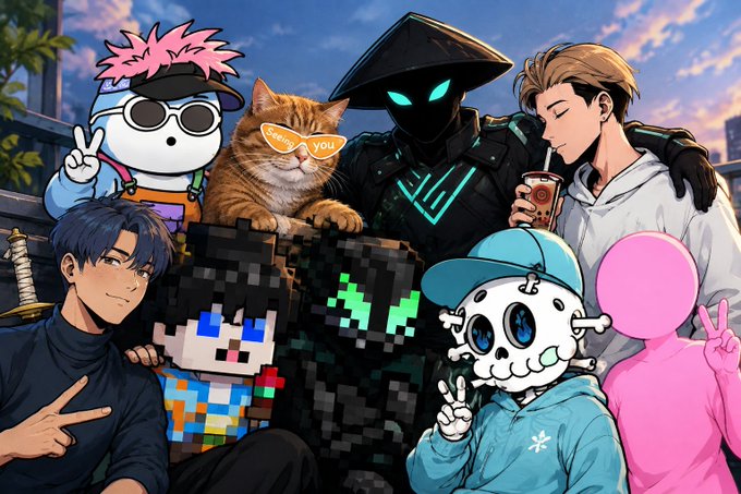A vibrant group illustration similar to the first, featuring anime characters alongside mascots including a cat with 'Seum you' sunglasses, a Minecraft-style character, a skull figure, and a pink silhouette, all posing together.