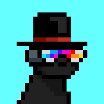 Pixel art style NFT character wearing a black top hat with colorful shutter shades against a teal background.