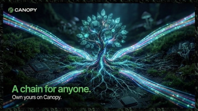 A promotional banner for 'CANOPY' featuring a glowing, circuit-like tree with neon streams flowing through circuit board roots, with the tagline 'A chain for anyone. Own yours on Canopy.'