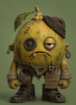 A grungy, stitched-together lime-like creature with a button eye, bandana, and a sign reading "Help! Steals Vitamins & Help!" stands against a green backdrop, embodying the quirky charm of RobinHoodLimes as the post celebrates its ongoing mint.