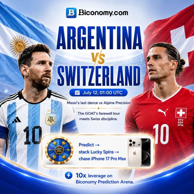 A promotional graphic by Biconomy.com featuring soccer stars Lionel Messi (Argentina) and a Swiss national team player in matching #10 jerseys, advertising an Argentina vs. Switzerland match prediction event on July 12 at 01:00 UTC, with an offer to stack Lucky Spins to win an iPhone 17 Pro Max using 10x leverage on the Biconomy Prediction Arena.

(Note: A claim in the image references "World Cup" and "Messi's farewell tour," which appears to be promotional framing rather than reflecting actual tournament scheduling.)