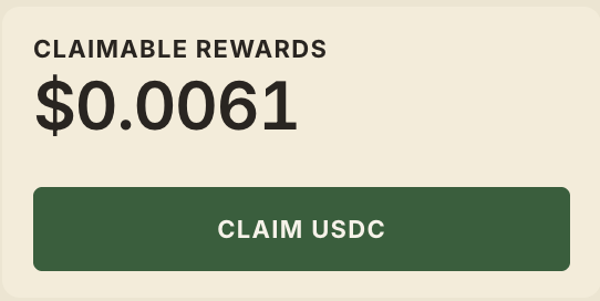 A rewards panel reads “CLAIMABLE REWARDS $0.0061” above a green button labeled “CLAIM USDC.”