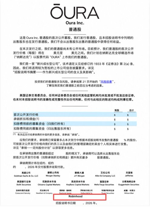 Chinese-language prospectus cover page for Oura Inc. (ŌURA) common stock IPO, highlighting 'Robinhood' as one of the underwriting syndicate firms in a red box.