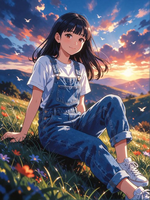 An anime-style illustration of a smiling young woman with long dark hair in denim overalls, sitting in a flower-filled field at sunset.