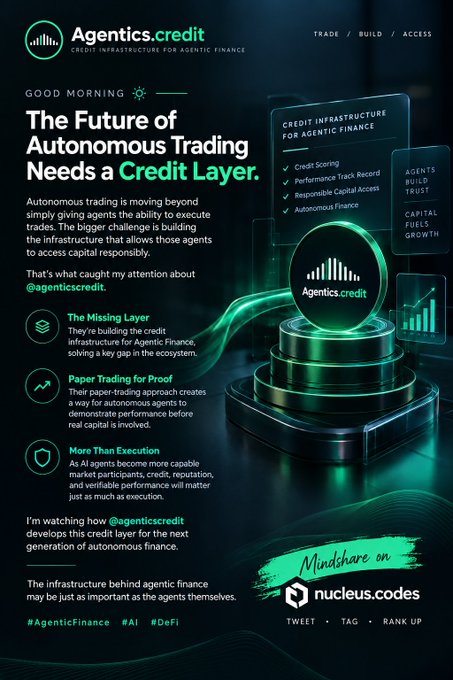 A digital promotional graphic for 'Agentics.credit' titled 'The Future of Autonomous Trading Needs a Credit Layer,' featuring sections about 'The Missing Layer,' 'Paper Trading for Proof,' and 'More Than Execution.'