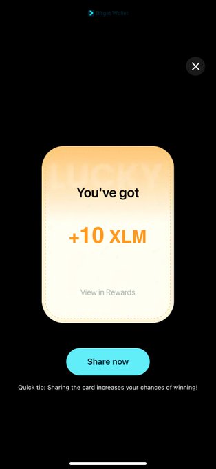 A mobile app screenshot from 'Starg Wallet' showing a reward notification of '+10 XLM' with a 'Share now' button and a tip about sharing cards.