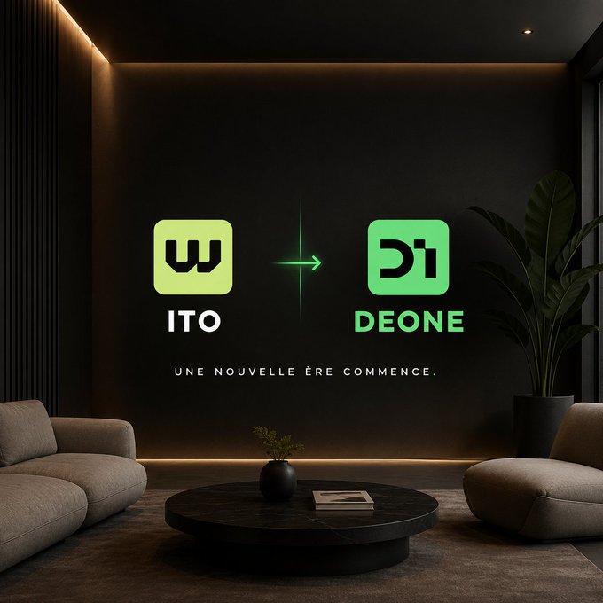 A modern living room with dark walls featuring a wall display showing a transition from an 'ITO' logo (yellow/green) to a 'DEONE' logo (green) with an arrow between them, captioned 'UNE NOUVELLE ÈRE COMMENCE.'