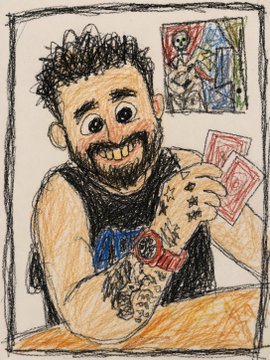A hand-drawn cartoon-style illustration of a bearded man with tattoos smiling broadly while holding playing cards at a table, with a colorful abstract artwork visible on the wall behind him.