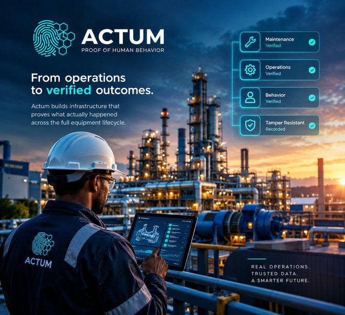 An advertisement for ACTUM 'Proof of Human Behavior' showing an engineer with a hard hat using a tablet in front of an industrial refinery, highlighting verified maintenance, operations, behavior, and tamper-resistant data.