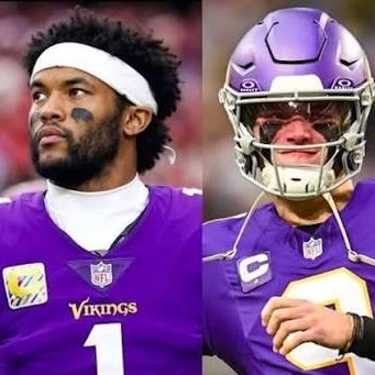 A split image of two Minnesota Vikings players, with one player in a purple jersey and white headband on the left and another in a purple jersey and helmet on the right.
