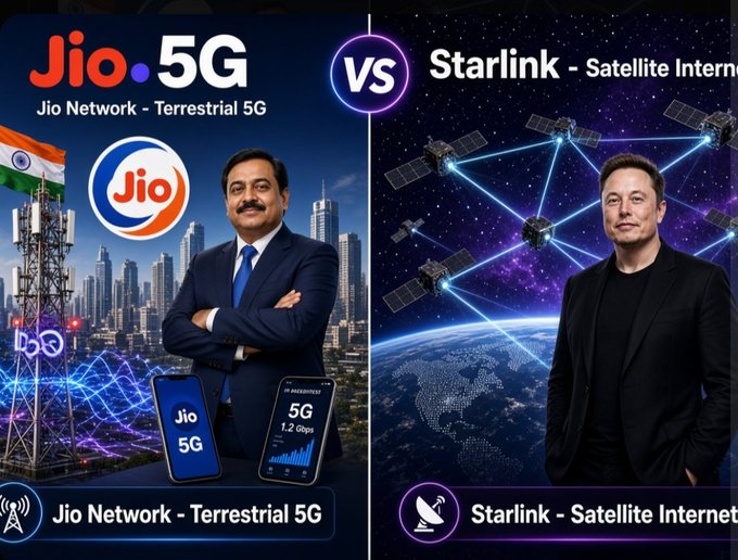 The image shows a split-screen comparison titled "Jio 5G vs Starlink," featuring Mukesh Ambani alongside India's terrestrial Jio 5G network (with the Indian flag, tower, smartphone showing 1.2 Gbps, and Jio logo) on the left, and Elon Musk depicted against a backdrop of Starlink satellites orbiting Earth on the right. The graphic visually sets up a head-to-head matchup between Reliance's terrestrial 5G service and SpaceX's satellite-based Starlink internet, reinforcing the post's request for a comparative breakdown of their respective pros and cons.