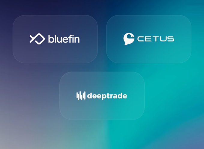 A graphic displays three logos on a gradient background: 'bluefin' with an infinity-like symbol, 'CETUS' with a whale icon, and 'deeptrade' with a sound wave symbol.