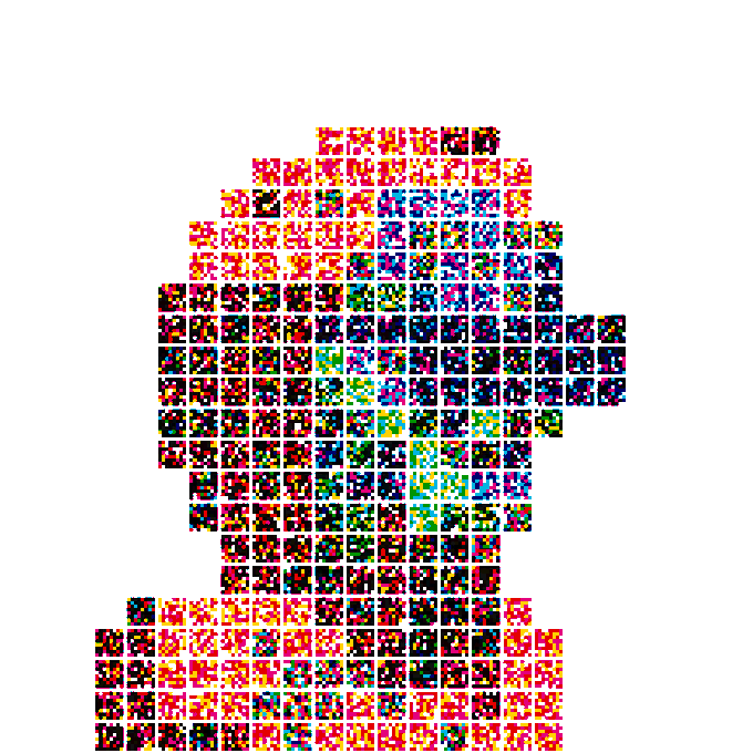 A pixelated mosaic portrait of a person composed of many small colorful square tiles arranged against a white background.