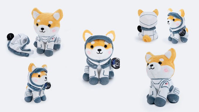 A collection of plush Shiba Inu toys dressed in white astronaut spacesuits with "JEDNOD" text visible on the straps, displayed in various poses including some without helmets. The image playfully illustrates the post's "Mission Report" theme, depicting the plushie "spaceflight" with the suited dogs representing the astronauts chasing bigger dreams referenced in the caption.