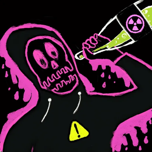 A dark illustration shows a pink-hooded Grim Reaper figure holding a green bottle with a radiation symbol, with a yellow warning triangle on its chest.