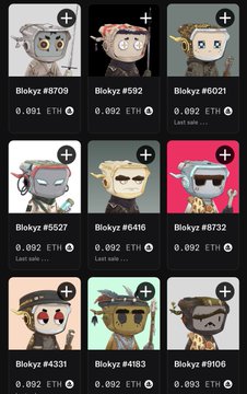 An NFT marketplace displaying a grid of "Blokyz" character NFTs with varying prices in ETH ranging from 0.091 to 0.093 ETH.