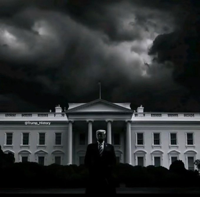 A dark, stylized image of the White House under ominous clouds, with a silhouetted figure standing in the foreground, credited to @Trump_History.