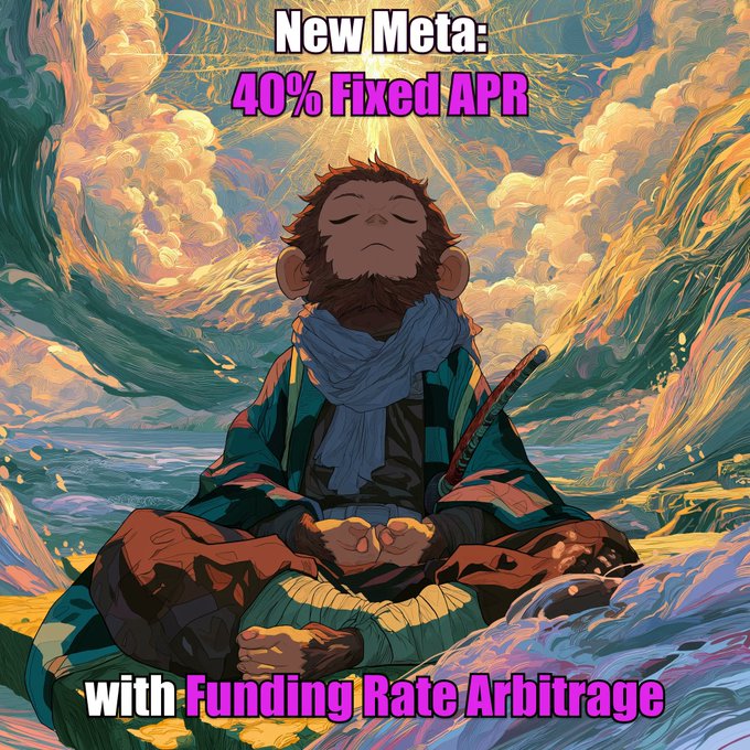 The image shows an anime-style character meditating peacefully with eyes closed and hands clasped, set against a dramatic backdrop of swirling clouds and ocean waves, with the text "New Meta: 40% Fixed APR with Funding Rate Arbitrage" overlaid at the top and bottom. It visually reinforces the post's message about achieving effortless, zen-like gains through a "set it and forget it" funding rate arbitrage strategy between exchanges like Gate.io to capture historically attainable 20-40% APR returns.