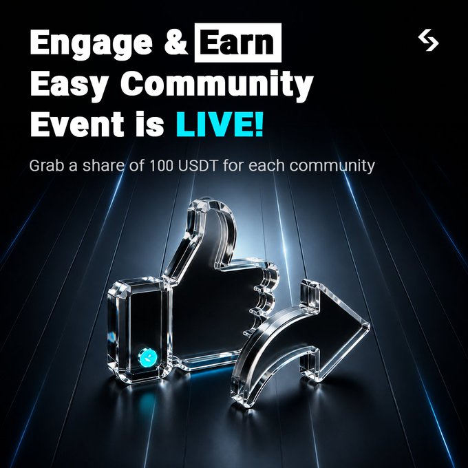 A Bitget "Engage & Earn" community event promotion offering 100 USDT in rewards, featuring 3D glass icons of a like (thumbs up), comment, and share arrows against a dark, illuminated background.
