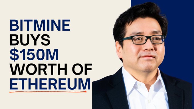 A man in glasses and a dark suit appears next to text reading 'BITMINE BUYS $150M WORTH OF ETHEREUM' with the word 'ETHEREUM' underlined in orange.
