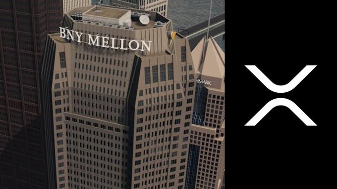 The image shows an aerial view of a BNY Mellon office building with the company's name displayed prominently on the roof, paired alongside the Stellar (XLM) cryptocurrency logo. The graphic visually represents the breaking news of BNY Mellon's $62.6 trillion initiative involving 24/7 tokenized U.S. Treasury settlement on the Stellar blockchain network.