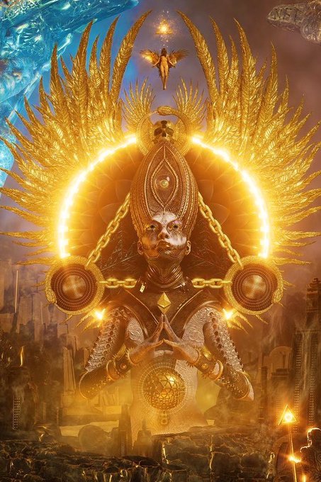 An ornate, golden digital artwork depicting a deity-like figure with a tall headdress, glowing wings forming a halo, and hands in a prayer position, set against a desert landscape with flames and a blue dragon-like creature in the background.