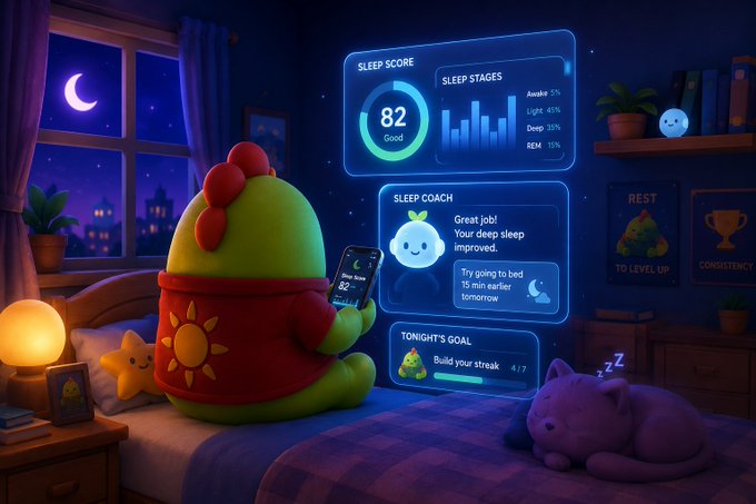 A cute cartoon dragon character sits on a bed at night, looking at a sleep tracking app displaying a 'SLEEP SCORE' of 82 'Good', with 'SLEEP STAGES' showing Awake 5%, Light 45%, Deep 20%, REM 15%, along with a 'SLEEP COACH' message and 'TONIGHT'S GOAL' to 'Build your streak'.