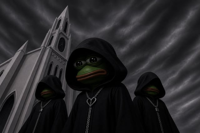 The image features three anthropomorphic pea-bunnies standing together, each wearing a black hooded robe with chains around their necks. The background includes a large church spire or tower, which adds an interesting contrast between the dark elements of the pea-bunny characters and the architectural structure in the sky.

The post seems to be promoting Bitcoin, as indicated by the text "btc shitting the bed but we keep stacking $pepe". This phrase is likely a reference to the cryptocurrency Bitcoin, which has been associated with the character Pea Man from the animated series Pea Man. The image combines elements of both digital currency and the whimsical world created by the pea-bunny characters.