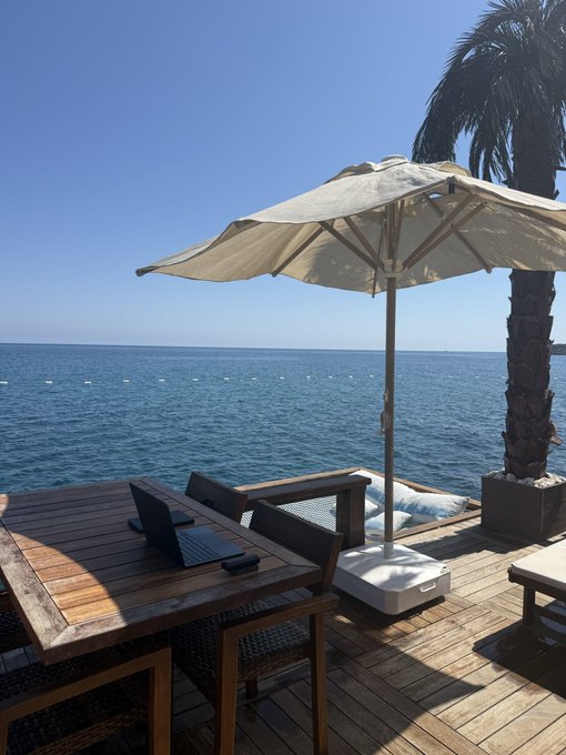 A laptop and smartphone sit on a wooden deck table under a sun umbrella, overlooking the calm blue sea and a palm tree, perfectly capturing the essence of working remotely from a coastal paradise.