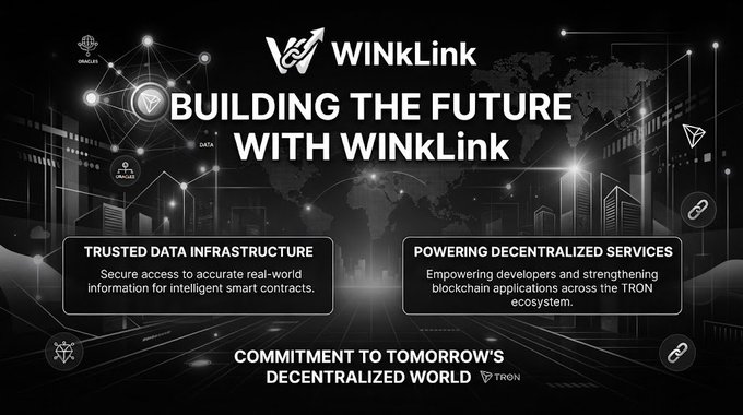 A dark promotional banner for WINkLink stating 'BUILDING THE FUTURE WITH WINkLink' with sections on 'TRUSTED DATA INFRASTRUCTURE' and 'POWERING DECENTRALIZED SERVICES' on the TRON blockchain.