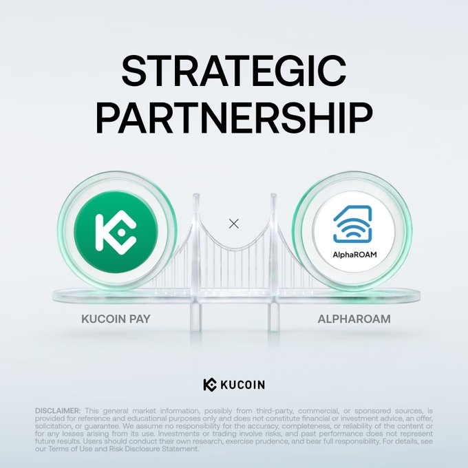 The image features a white background with two green circles placed above a bridge that has a "K" on one side and an "X" on the other. Below these circles, there are two text boxes containing information about KuCoin Pay and AlphaROAM eSIM data plans. The text box for KuCoin Pay states that it is a global marketplace for financial services and offers various payment options, while the text box below the bridge reads that @alpharoam_ltd has partnered with KuCoin to provide borderless crypto payments for global eSIM data plans across 190+ countries using $KCS, $USDT, 𝐴, and 50+ cryptos.
