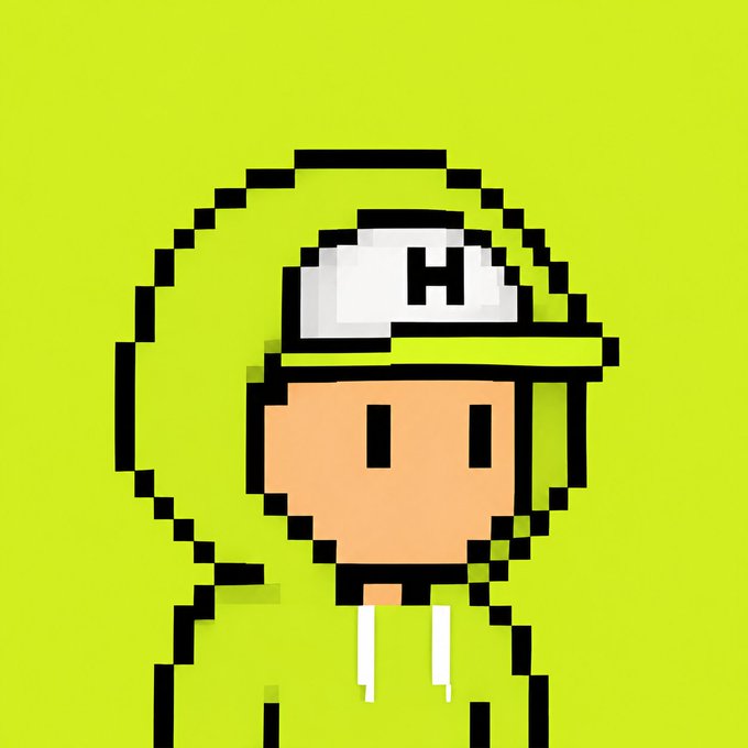A pixel-art character with a white "H" cap and green hoodie smiles against a bright green background, playfully inviting viewer "Interact" through its friendly, retro video game-style design.