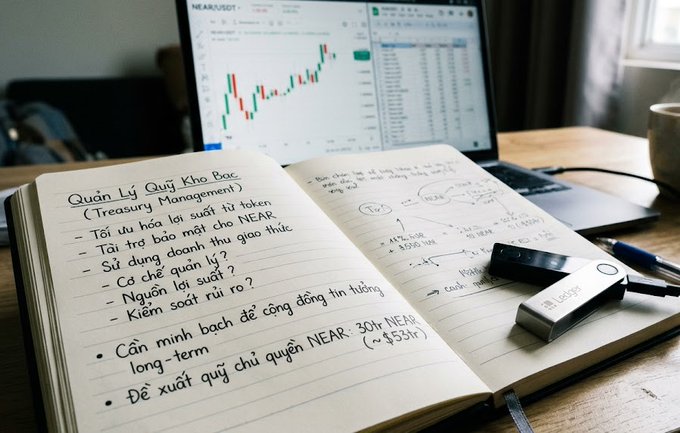 A handwritten notebook on a desk displays Vietnamese notes titled 'Quản Lý Quỹ Khai Thác (Treasury Management)' with details about NEAR token long-term holdings worth ~$59M, alongside a laptop showing a stock chart and a Ledger hardware wallet.