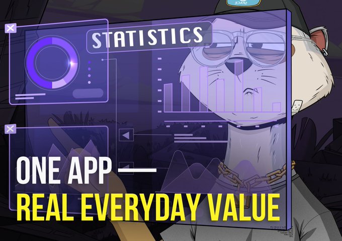 An animated graphic showing a bear character wearing sunglasses and a cap alongside a statistics dashboard, with text 'ONE APP — REAL EVERYDAY VALUE'.