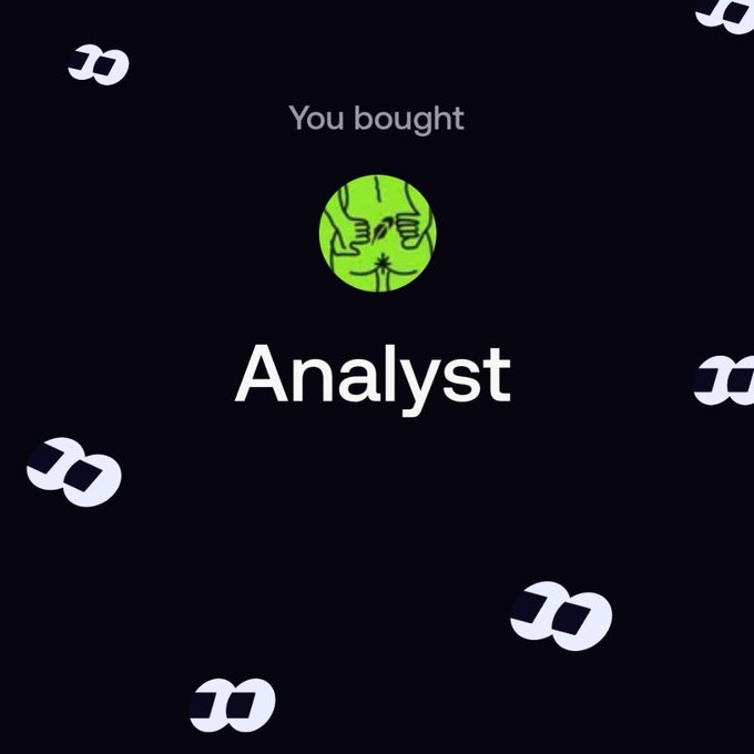 Dark-themed digital graphic showing 'You bought Analyst' with a green cartoon profile icon, decorated with scattered infinity-style logo graphics.