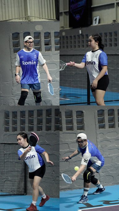 A collage of four photos showing two pickleball players wearing 'Ronin' jerseys (one male, one female) playing in an indoor court.