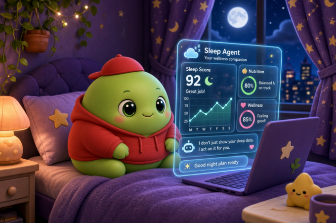 3D illustration of a green blob character in a red hoodie sitting on a bed at night, with a holographic 'Sleep Agent' interface showing sleep data and nutrition scores.