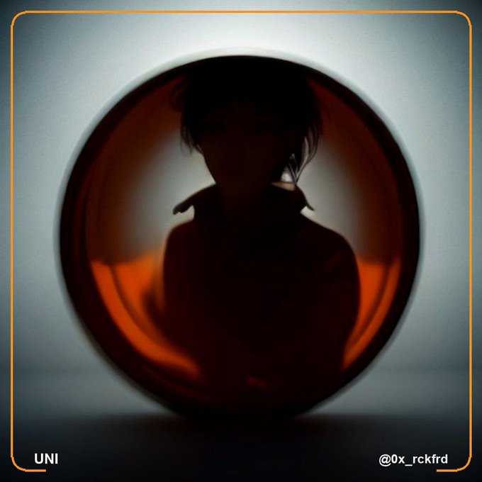 A dark, silhouetted portrait of a person looking through a circular opening with orange lighting, labeled 'UNI' and '@0x_rckfrd' in the bottom corners.