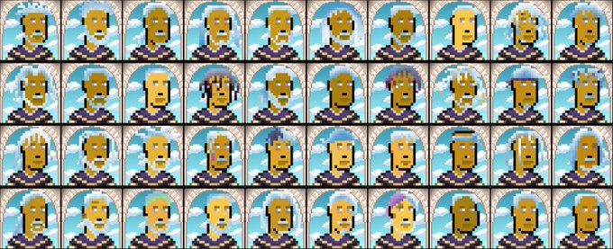 Grid of pixel art sprite sheets showing multiple variations of a pixelated character with different hairstyles and colors against a blue sky background.